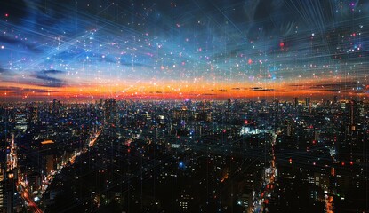 Poster - Breathtaking Twilight Cityscape of Tokyo with High Technology and Streaming Data Overlay Effects : Generative AI