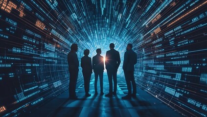 Poster - Silhouetted Business Team Standing Against a Futuristic Digital Background with Bright Light Burst : Generative AI