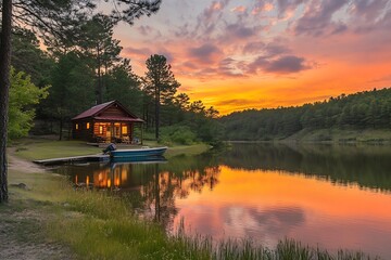 Aufkleber - Idyllic cabin by the tranquil lake during a vibrant sunset with beautiful reflections : Generative AI