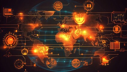 Fototapete - An intricate map of the globe highlighted with glowing graphics representing data and connection lines : Generative AI