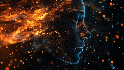 Aufkleber - Futuristic profile art depicting a woman's face enhanced with glowing particles and dynamic light effects : Generative AI