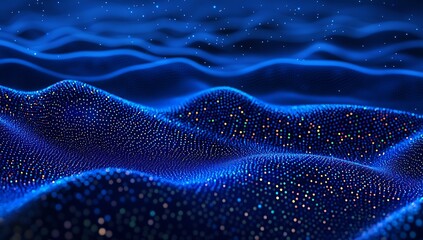 Fototapete - Abstract representation of blue digital waves illuminated by sparkling particles in a mesmerizing ocean scene : Generative AI