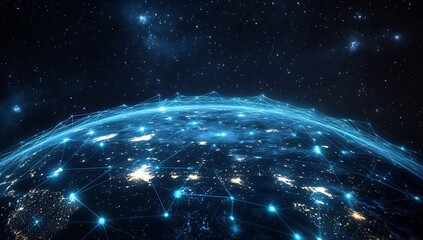Fototapete - An aerial image of Earth displaying vibrant networks highlighted against the cosmos at night : Generative AI