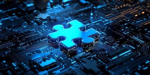 Aufkleber - Striking blue illuminated puzzle piece on an intricate digital circuit board illustrating creativity in technology and connectivity : Generative AI