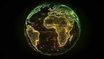 Leinwandbilder - Lively Green Network Representation of Earth Showing Global Connections and Data Interactions in Real Time : Generative AI