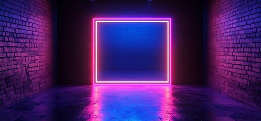 Fototapete - Eye-Catching Neon Glow Frame on Brick Wall Perfect for Modern Digital Displays : Generative AI