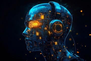Poster - Innovative digital head design showcasing glowing circuits and headphones merging art with technology : Generative AI