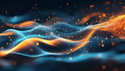 Poster - Dynamic blue and orange flowing wave designs with sparkling particles in a digital environment : Generative AI