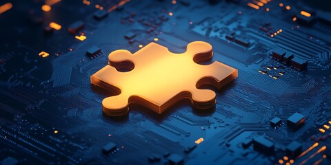 Leinwandbilder - Sleek illuminated puzzle piece resting on a blue circuit board representing innovation and modern technology : Generative AI