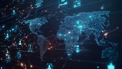 Fototapete - Intricate digital world map featuring illuminated icons showcasing global networks and the interconnected world of technology : Generative AI