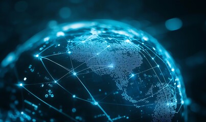 Leinwandbilder - Close-up view of a global digital map highlighting network connections and data structures in vibrant blue hues : Generative AI