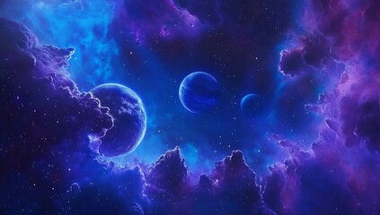 Poster - Vivid and colorful cosmic scene featuring three planets amidst swirling space clouds and a starry night background : Generative AI