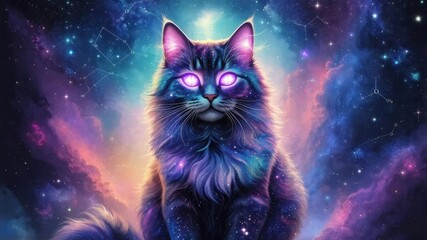  Mystical glowing cat with vibrant cosmic background featuring stars, constellations, and nebulae, symbolizing fantasy and the universe