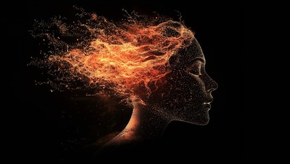 Poster - Stunning artistic representation of a woman's profile with fiery hair made of particles and sparks on a dark background : Generative AI