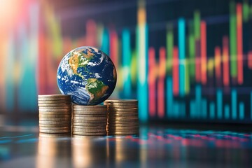 Leinwandbilder - Colorful globe positioned on stacks of coins with vibrant financial data in the background : Generative AI