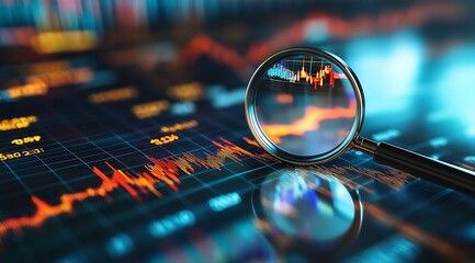 Poster - Detailed view of financial graphs through a magnifying glass revealing market trends and price movements : Generative AI
