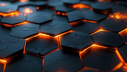 Poster - Detailed image of shining lava gaps on textured volcanic stones emphasizing a geometric shape : Generative AI
