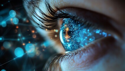 Fototapete - Close-Up of an Eye with Digital Effects and Blue Light Effects for Focus and Clarity : Generative AI