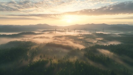 Poster - Majestic Sunrise Over Wind Turbines with Misty Forest Landscape Creating a Dreamy Atmosphere : Generative AI