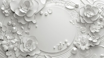 Wall Mural - monochrome 3d floral frame with pearls and textured elements on white background