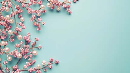 Wall Mural - minimalist 3d frame of pink pearls amidst a soft blue sky background for elegant decorative touches