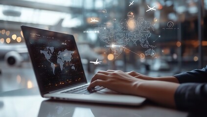 Leinwandbilder - Hands of a Business Professional Using Laptop with Interactive World Map and Flight Data in a Modern Environment : Generative AI