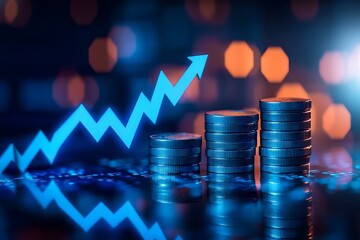 Leinwandbilder - Dynamic image of coins organized in stacks with an upward financial trend represented by a bright blue graph illustrating progress : Generative AI