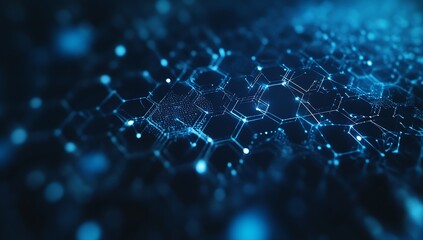 Leinwandbilder - Closeup view of glowing hexagons and digital elements in a blue abstract background for tech visuals : Generative AI