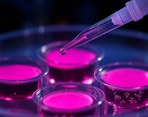 Poster - Pipette releasing drop of vibrant purple liquid into multiple petri dishes in laboratory setting : Generative AI