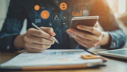 Leinwandbilder - Professional analyzing digital charts and statistics on smartphone while taking notes in modern office : Generative AI
