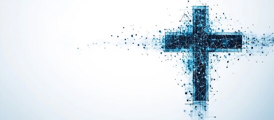 Poster - Digital artwork featuring a cross symbol formed by a network of particles representing faith and technology : Generative AI