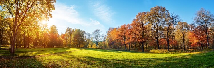 Poster - Brilliant Fall Colors Illuminating a Vibrant Green Meadow Under a Bright Blue Sky : Generative AI