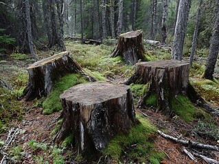 Poster - Group of tree stumps coated in moss nestled within a dense forest creating a peaceful woodland scene : Generative AI