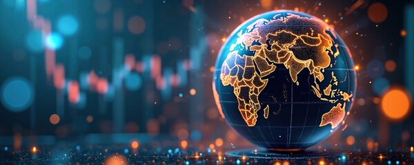 Poster - Digital globe with highlighted continents, global investment. Glowing earth model against blurred stock market chart backdrop signifies financial forecast. Economic data insight for global market