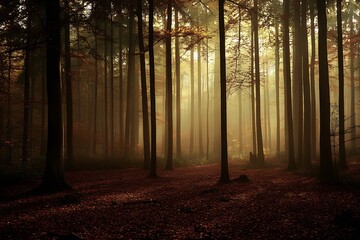 Poster - Golden autumn forest sunlight streaming through trees illuminating vibrant foliage : Generative AI