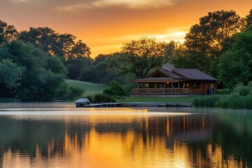 Poster - Beautiful log cabin with landscaped surroundings at dusk reflecting on the calm lake : Generative AI