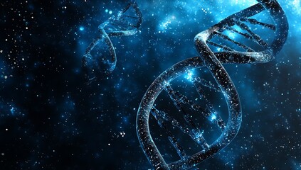Leinwandbilder - Futuristic visualization of a DNA strand shimmering in deep space against a starry background : Generative AI