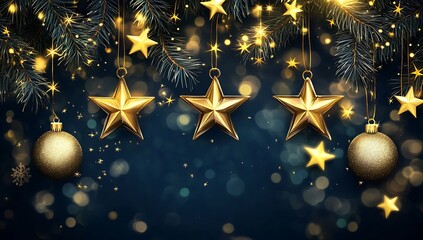 Aufkleber - A collection of golden stars and shiny baubles hanging from a Christmas tree with twinkling lights : Generative AI