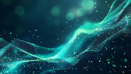 Fototapete - Vibrant flowing turquoise waves intertwined with radiant particles creating an enchanting abstract backdrop for design : Generative AI