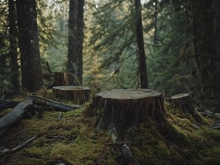 Poster - Moss-covered tree stumps in a serene forest setting with soft sunlight filtering through trees : Generative AI