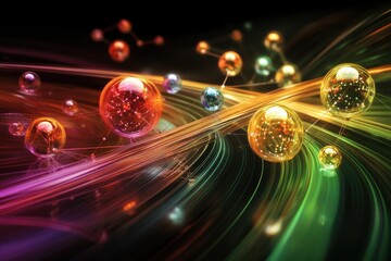 Fototapete - Colorful abstract representation of molecular structures with vibrant light trails and bubbles in a dark background