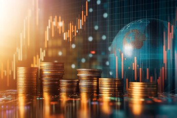 Leinwandbilder - Stacks of coins with a globe and financial data charts showing economic growth trends : Generative AI
