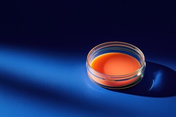Aufkleber - Brightly colored substance in a clear container sits on a blue surface illuminated by soft light
