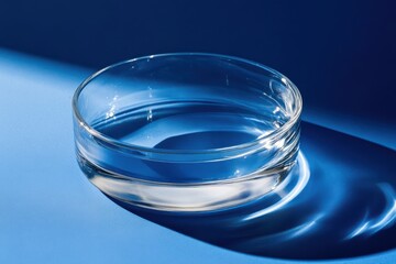Fototapete - Clear glass dish resting on a blue surface reflecting light in an artistic arrangement during daylight