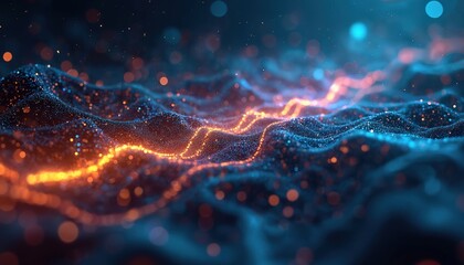 Poster - Abstract tech background represents digital data streams. Blue and orange bokeh lights form undulating waves. Backdrop ideal for AI, neural networks, data transmission, hi-tech concepts.
