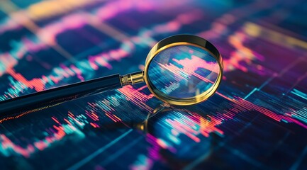Aufkleber - Magnifying glass over vibrant stock market graph depicting financial trends and data analysis : Generative AI