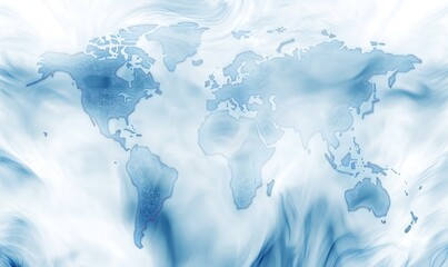 Poster - Abstract world map with ethereal blue swirls conveying a sense of calm and global unity : Generative AI