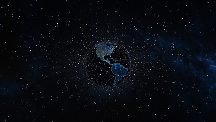 Poster - Top view of a stylized Earth surrounded by digital connections and glowing particles in deep space : Generative AI