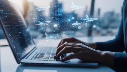 Fototapete - Focused view of hands working on a laptop surrounded by digital graphics representing the airline industry innovations : Generative AI