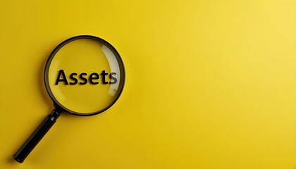 Poster - Magnifying glass enlarges Assets inscription over yellow background. Financial, business concept of wealth evaluation, audit. Examining company capital, revenue, property on blue background. Wealth